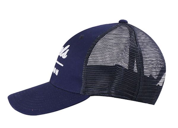 Side of Navy Blue Trucker Cap with White Embroidered Logo