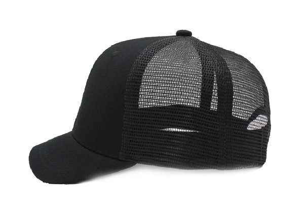 Side of Black Blank Short Bill Trucker Hat