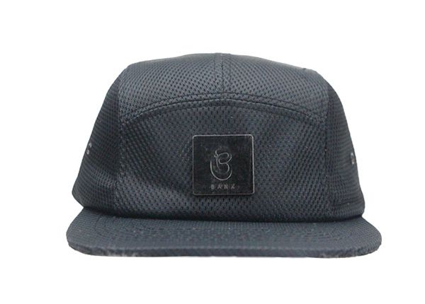 Front of Custom All Black 5 Panel Hat with Strapback