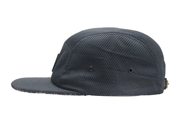 Side of Custom All Black 5 Panel Hat with Strapback