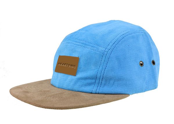 Slant of Baby Blue 5 Panel Hat with Brown Suede Brim and a Leather Label