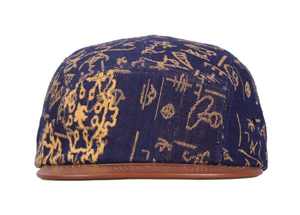 Front of Navy Vintage Style 5 Panel Hat with Brown Leather Brim