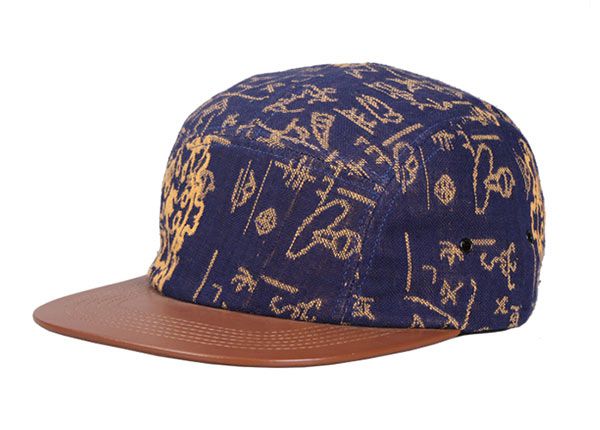 Slant of Navy Vintage Style 5 Panel Hat with Brown Leather Brim