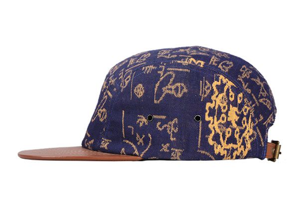 Side of Navy Vintage Style 5 Panel Hat with Brown Leather Brim