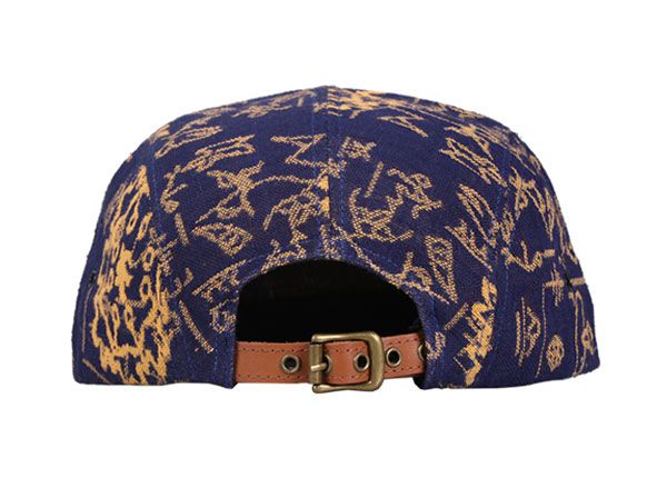 Back of Navy Vintage Style 5 Panel Hat with Brown Leather Brim