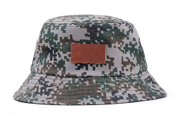 Front of Army Green Camo Bucket Hat with Wide Brim and a Leather Label