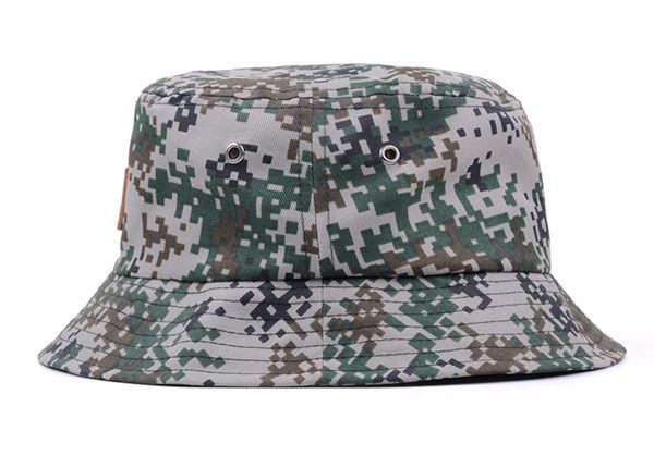 Side of Army Green Camo Bucket Hat with Wide Brim and a Leather Label