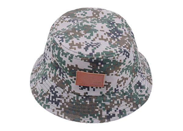Slant of Army Green Camo Bucket Hat with Wide Brim and a Leather Label