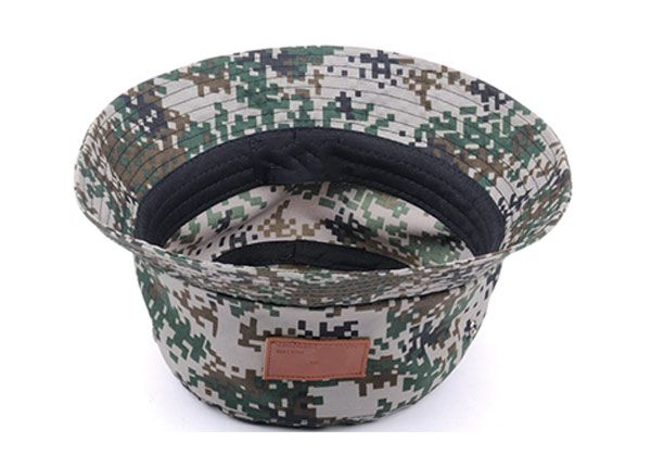 Inverted of Army Green Camo Bucket Hat with Wide Brim and a Leather Label