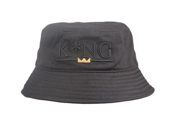 Front of Hip Hop Black Fashion Bucket Hat with Embroidered King Logo