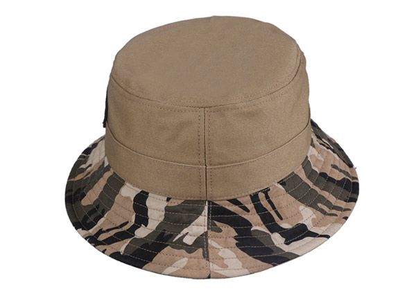 Slant of Fitted Washed Cotton Tan Bucket Hat with Camo Brim