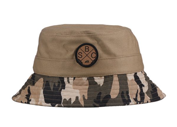 Front of Fitted Washed Cotton Tan Bucket Hat with Camo Brim