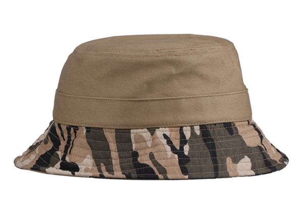 Back of Fitted Washed Cotton Tan Bucket Hat with Camo Brim