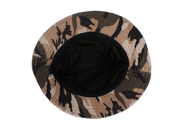 Inside of Fitted Washed Cotton Tan Bucket Hat with Camo Brim