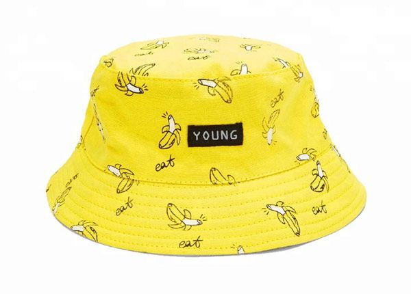 Front of Yellow Cotton Bucket Hat with Printed Banana Pattern