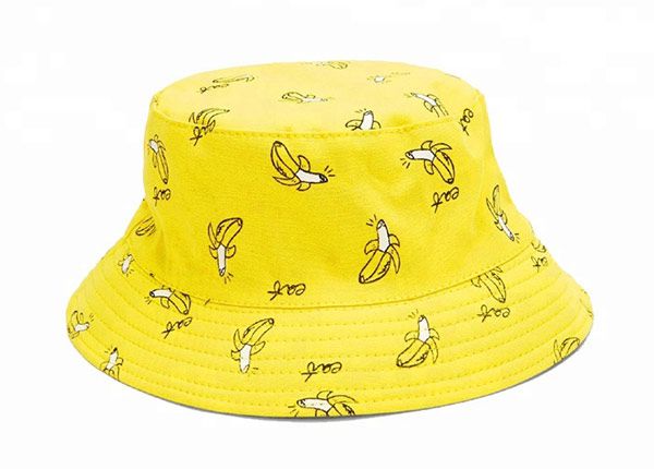 Back of Yellow Cotton Bucket Hat with Printed Banana Pattern