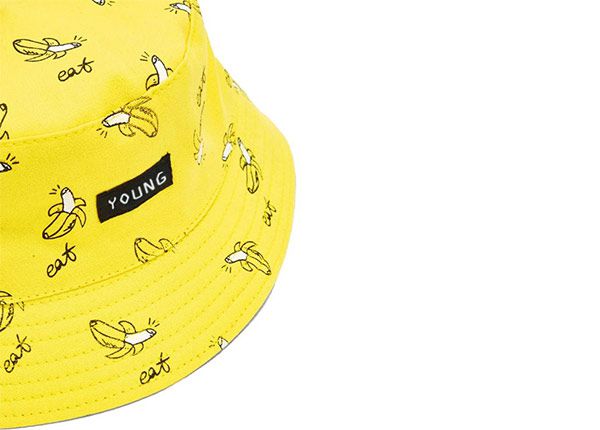 Slant of Yellow Cotton Bucket Hat with Printed Banana Pattern
