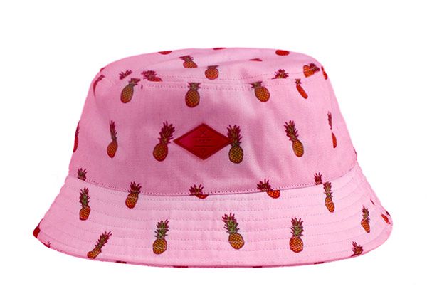 Front of Pink Bucket Hat with Printed Pineapple Pattern