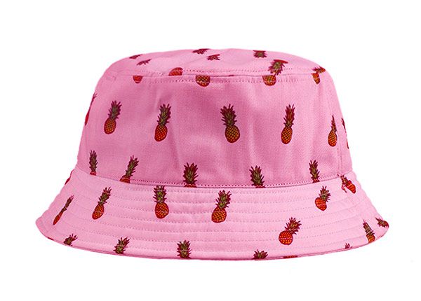 Back of Pink Bucket Hat with Printed Pineapple Pattern