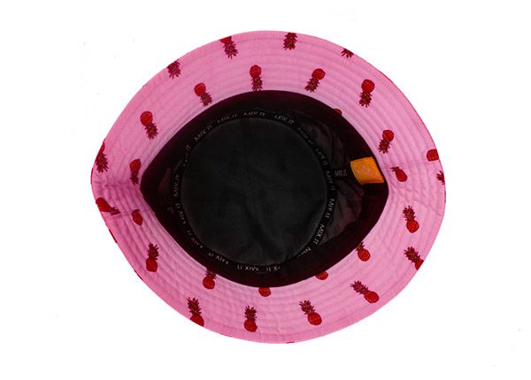 Inside of Pink Bucket Hat with Printed Pineapple Pattern