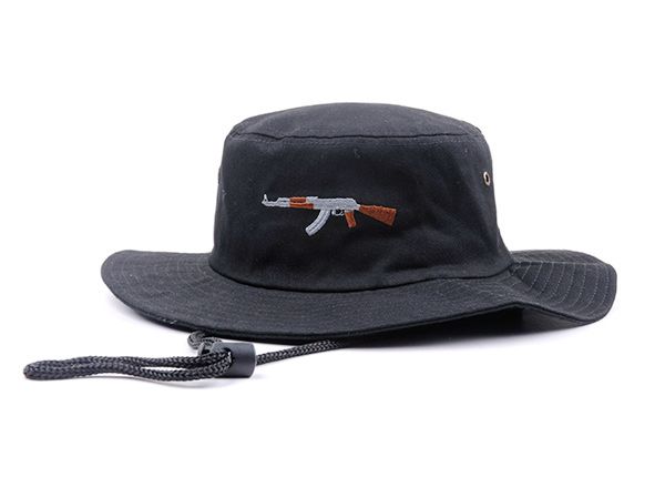 Front of Black Bucket Hat with String