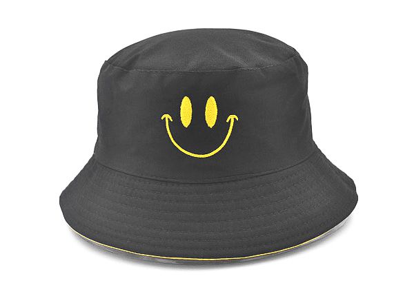 Front of Reversible Black Bucket Hat with a Smile Logo