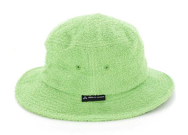 Side of Green Fleece Bucket Hat with White Embroidered Logo