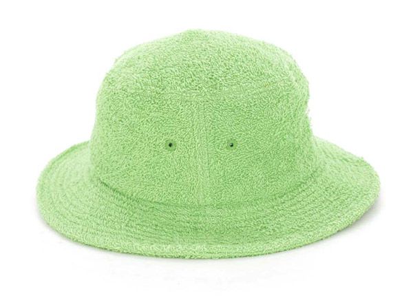 Side of Green Fleece Bucket Hat with White Embroidered Logo