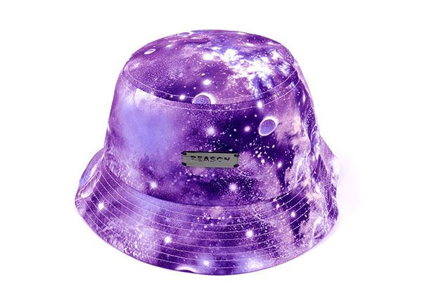 Overview of Purple Galaxy Printed Bucket Hat with Metal Label