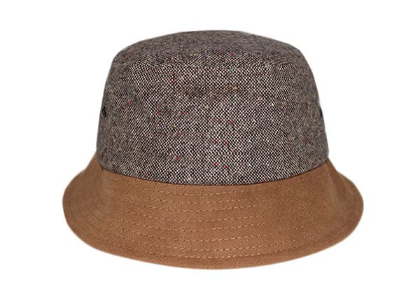 Front of Blank Grey Hemp Bucket Hat with Brown Suede Wide Brim
