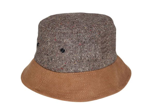 Slant of Blank Grey Hemp Bucket Hat with Brown Suede Wide Brim