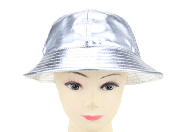 Front of 6 Panel Blank Waterproof PU Reflective Bucket Hat In Model