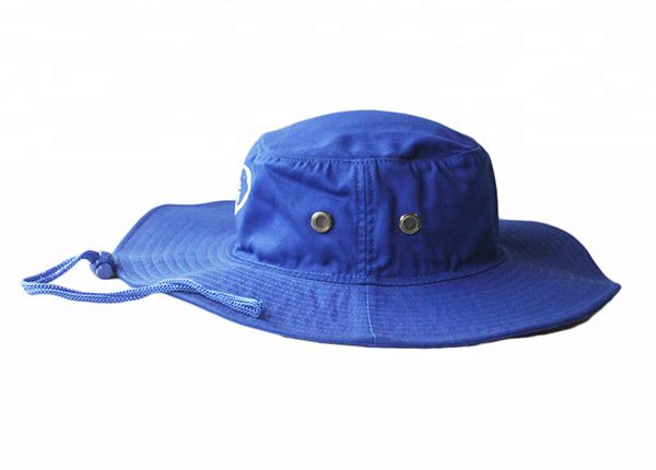 Side of Wide Brim Royal Blue Bucket Hat With String