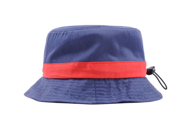 Short Brim Bucket Hat Plain Blue Cotton Small Brim Sun Hat with Red Ribbon