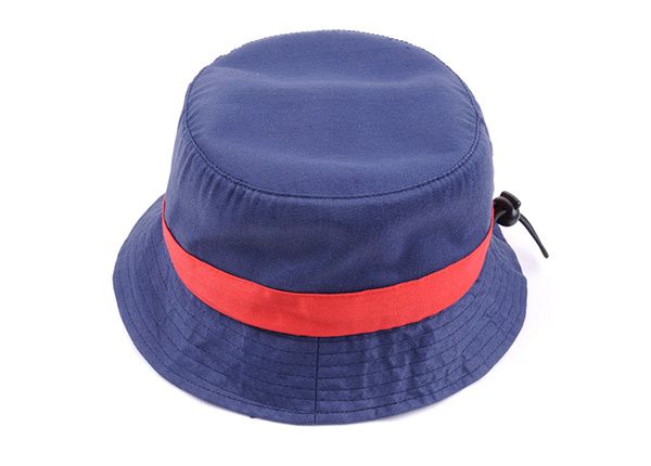 Slant of Plain Blue Cotton Short Brim Bucket Hat With Red Ribbon