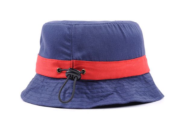 Side of Plain Blue Cotton Short Brim Bucket Hat With Red Ribbon