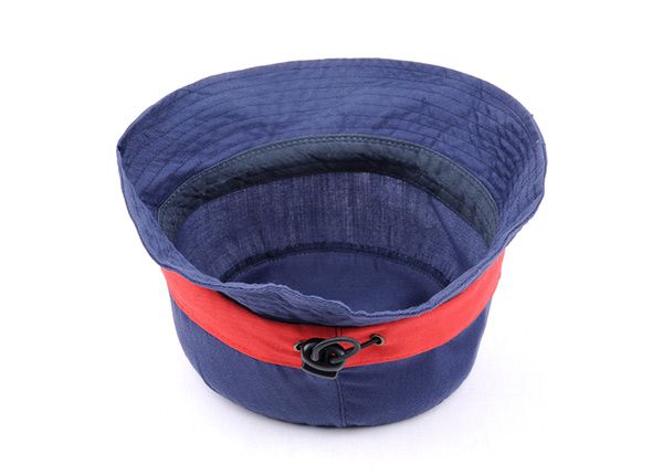 Inside of Plain Blue Cotton Short Brim Bucket Hat With Red Ribbon