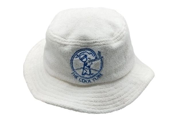 Front of White Terry Cloth Bucket Hat with Embroidered Logo
