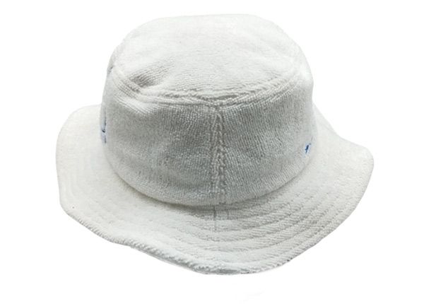 Side of White Terry Cloth Bucket Hat with Embroidered Logo