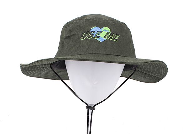 Front of Blackish Green Stiff Brim Boonie Hat With String In Model