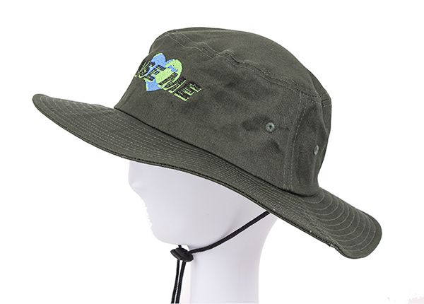 Side of Blackish Green Stiff Brim Boonie Hat With String In Model