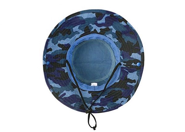 Inside of Blank Blue Camo Bucket Hat With String