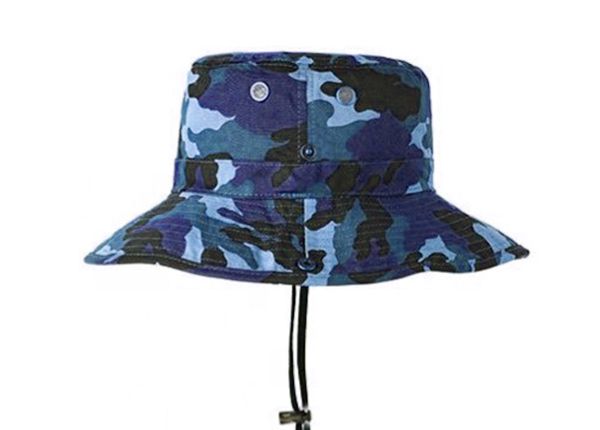 Side of Blank Blue Camo Bucket Hat With String