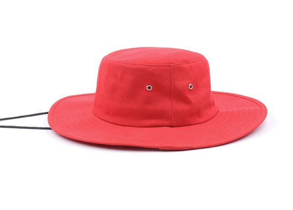 Side of Wide Brim Blank Red Bucket Hat With String