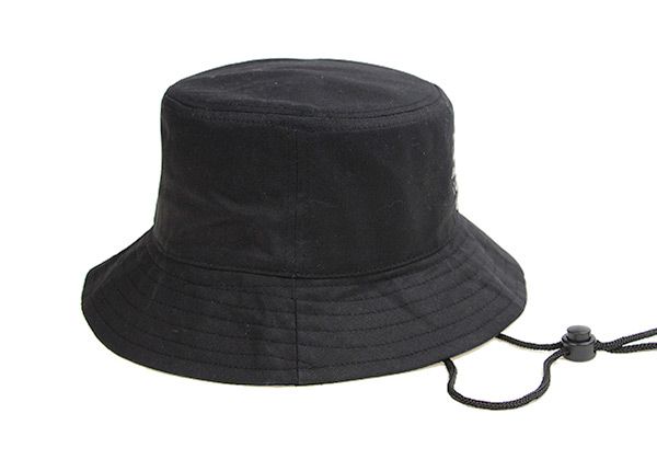 Side of Plain Black Bucket Hat With String