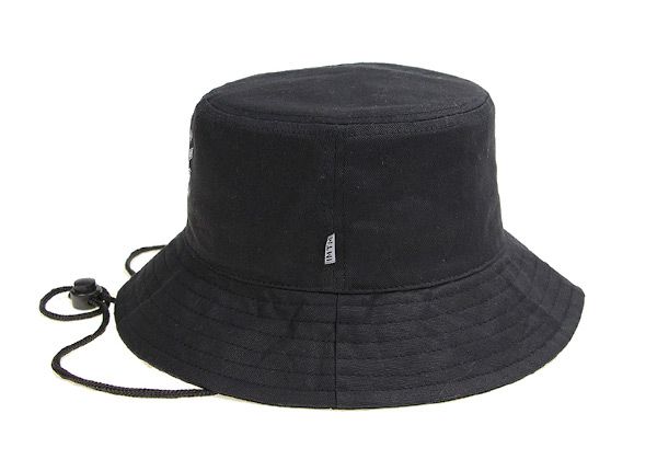 Side of Plain Black Bucket Hat With String