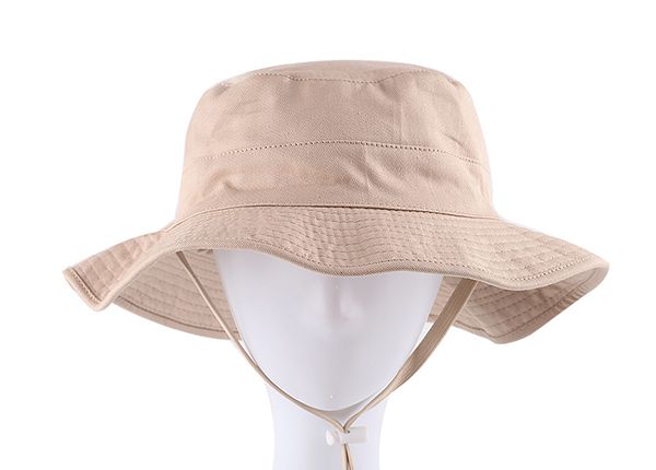 Front of Blank Reversible Cotton Beige Bucket Hat With String