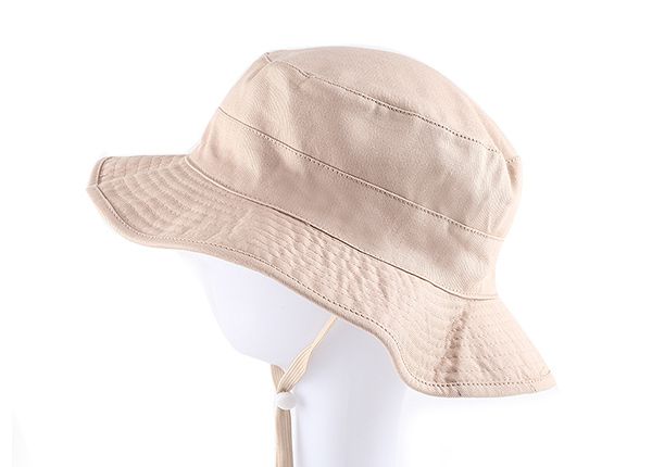 Side of Blank Reversible Cotton Beige Bucket Hat With String